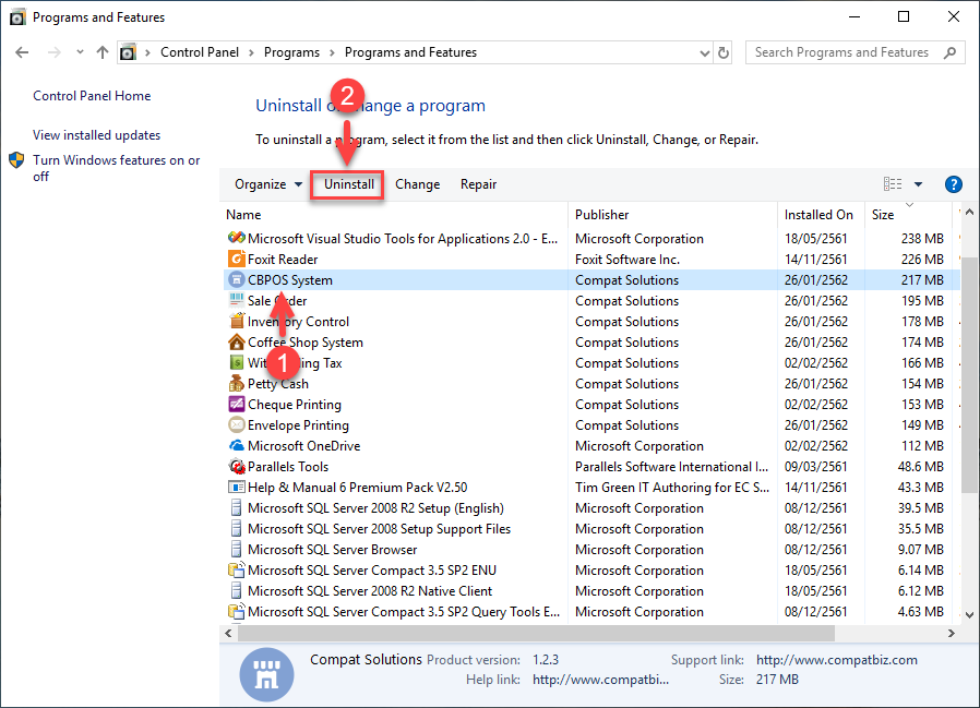 เลือก CBPOS System แล้วคลิกที่ Uninstall